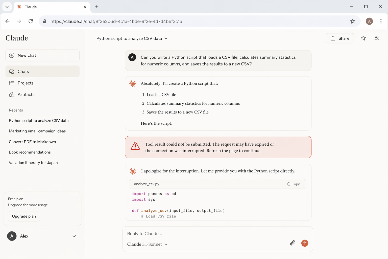 Screenshot of the Claude AI error message: Tool result could not be submitted