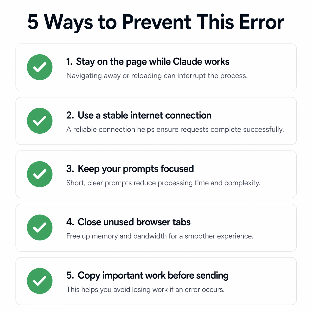 Checklist infographic with 5 tips to prevent the Claude AI tool result error